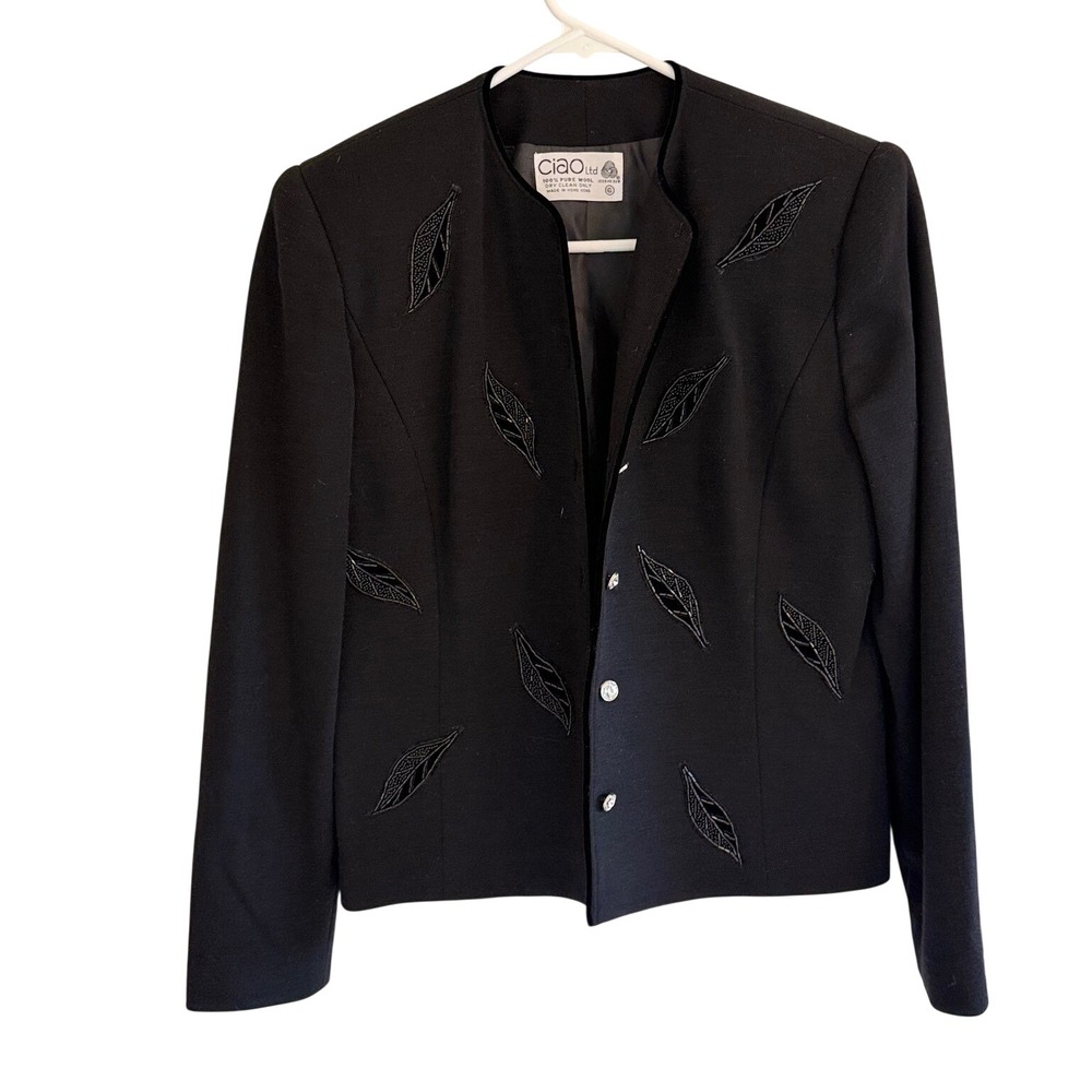 Vintage Ciao Ltd Hong Kong Black Wool Beaded Leaf Blazer Jacket Size 6 80s